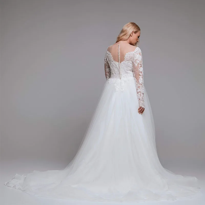 Customized Weilinsha Plus Size A-Line Bridal Gowns 2023 Sexy V-neck High Quality Appliques Lace Court Train Long Sleeve Wedding