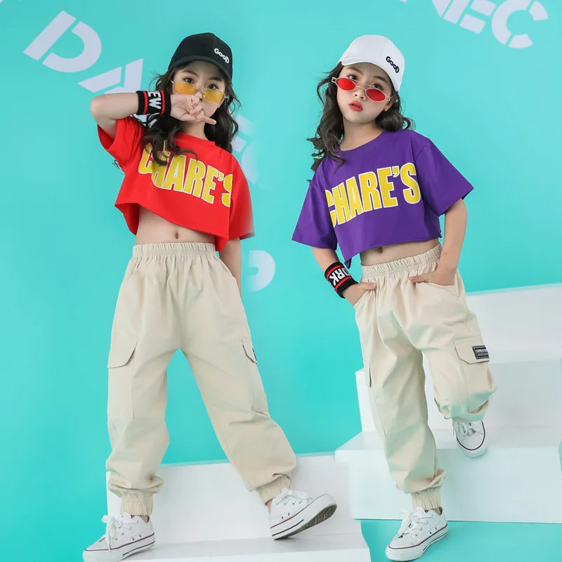 Children Ballroom Dancing Clothes Cool Hip Hop Clothing Loose Casual Pants Crop Top T Shirt for Girls Dance Costumes Dancewear