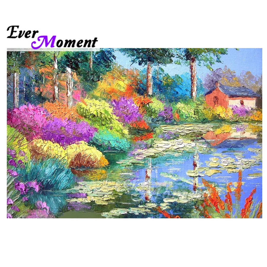 Ever Moment Diamond Painting Handmade Full Square Colorful Flower House Village 5D DIY Hobby Art Diamond Embroidery ASF1876