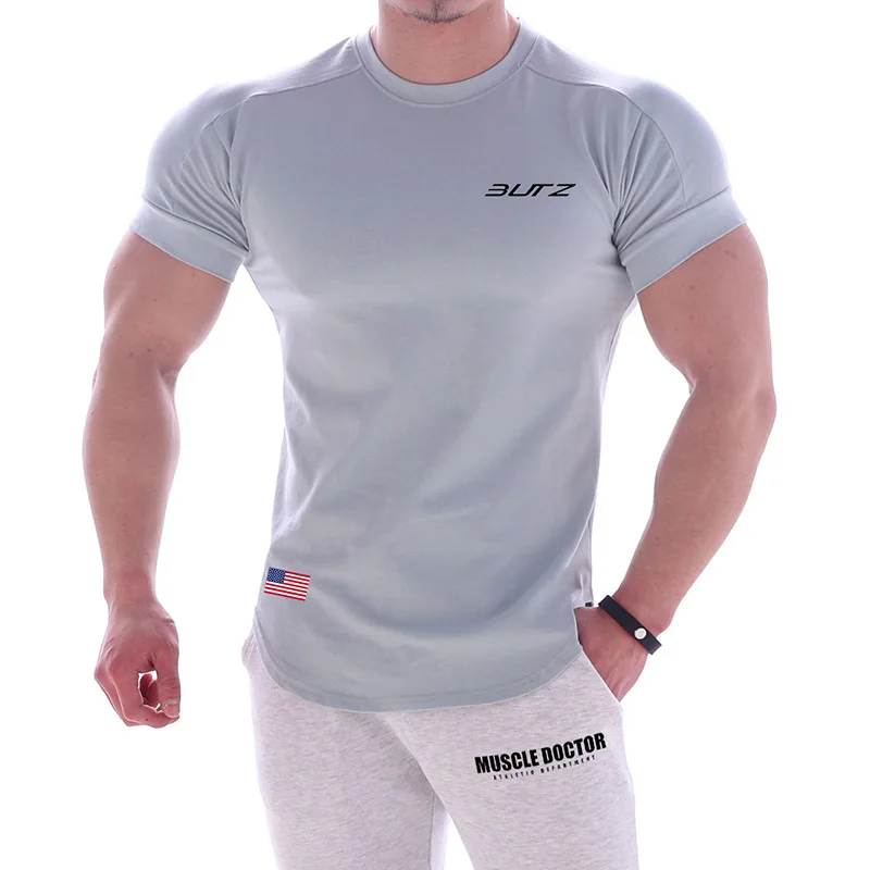 Men Tshirt Patchwork Curved Hem Quick Dry Shirt Gym Fitness Workout Bodybuilding Muscle T Shirts