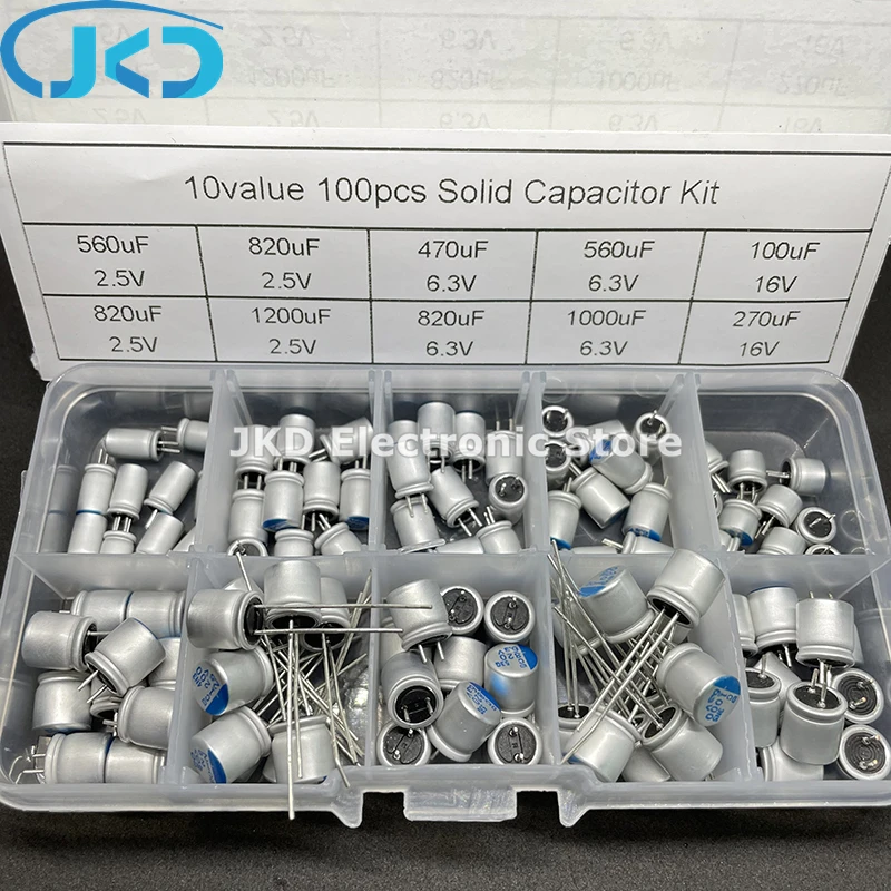 10values 100pcs NCC solid capacitor assorted kit 2.5V/6.3V/16V 100uF 270uF 470uF 560uF 820uF 1000uF 1200uF with free storage box