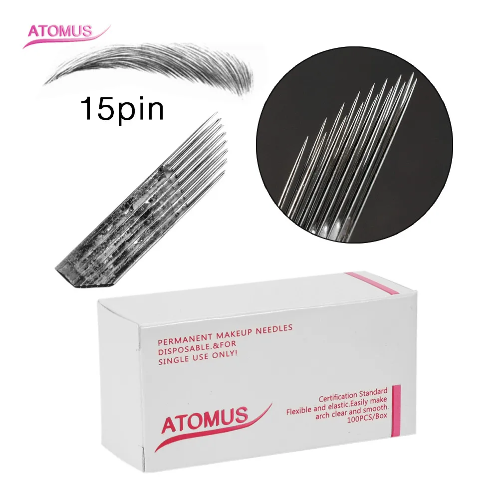 

100pcs Double 15pin Needles Agujas Microblade Microshading Naald Tebore Lamina Eyebrow Curved Embroidery Blades Manual Pen