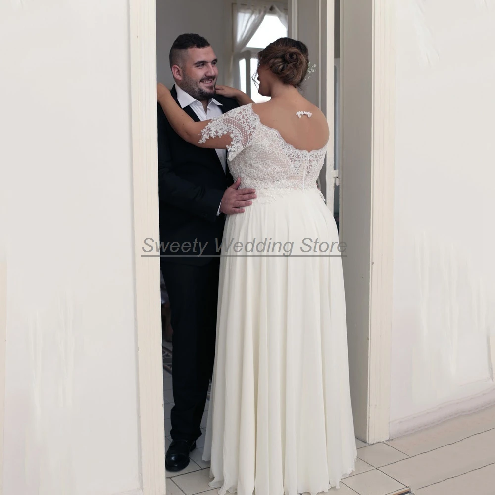 Plus Size Wedding Dress for Bride 2022 Sheer Tulle Scoop Neck Lace Beading A Line Chiffon Women's Bridal Gowns