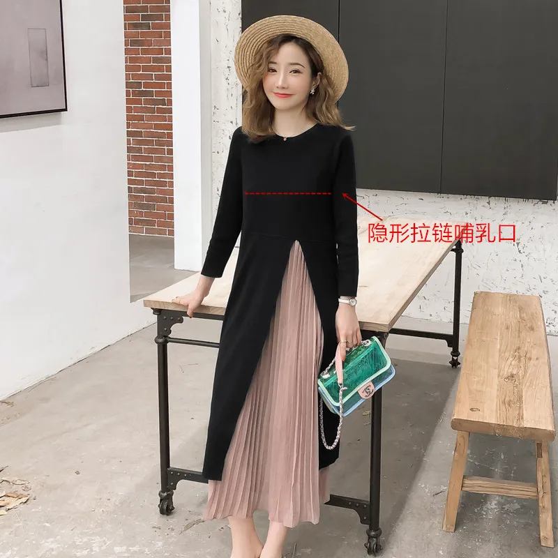 New Autumn Maternity Lactation Dress Long-sleeved Nursing Clothes Chiffon Stitched Postpartum Women Breastfeeding Dress