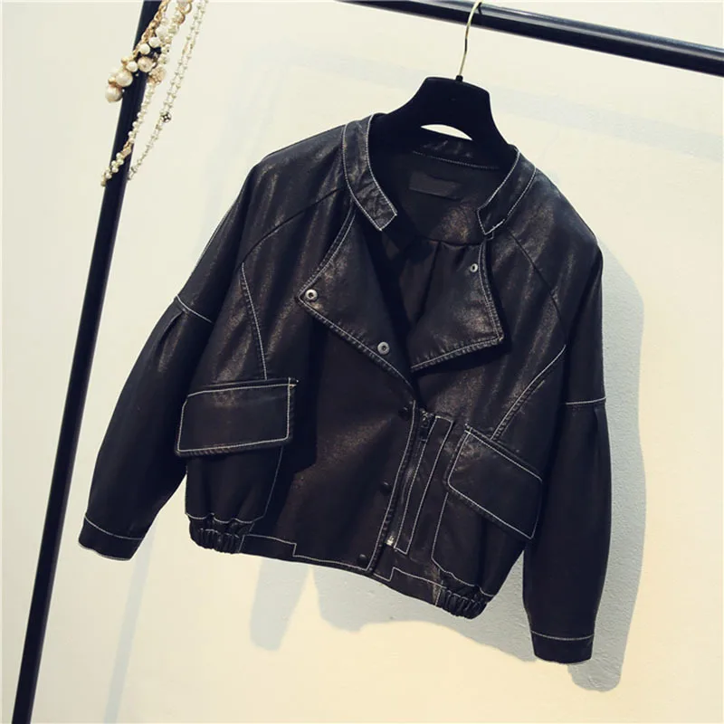 Spring Autumn 2024 Korean Stand Collar Short Faux PU Leather Jacket Streetwear Black Long Sleeve Biker Jacket Jaqueta Feminina