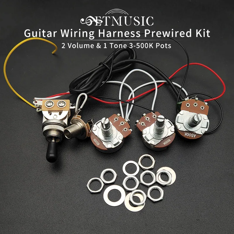 Guitar Wiring Harness Prewired 2 Volume & 1 Tone 3-500K Pots 3-Way Switch Output Jack