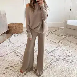 2pcs Autumn Winter Pant Suits Women Outfits Knitted Pullover Top Wide Leg Pants Two-piece Set Women Tracksuits комплекты одежды