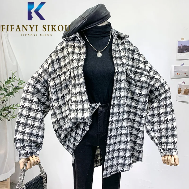 Autumn Winter Thick Warm Plaid Shirt Jacket Women Lapel Long Sleeve Fashion Houndstooth Shirt Coat Loose Womens tops and Blouses