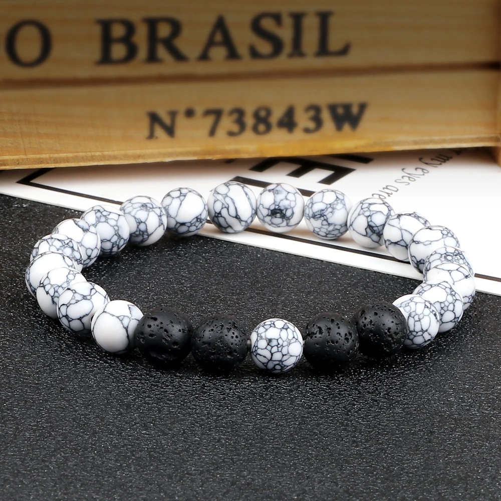 Pulsera de cuentas de Lava de piedra Natural para hombre, brazaletes elásticos hechos a mano de malaquita, howlita, hematita, roca volcánica,