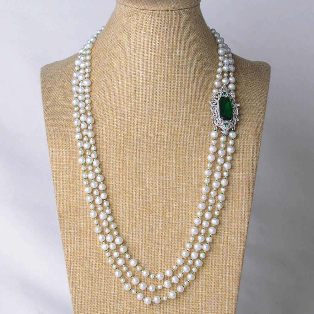 28''-30'' 3 Strands White Pearl Green CZ Connector Necklace