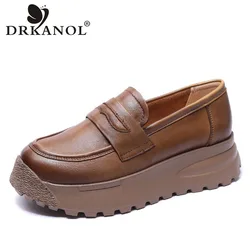 DRKANOL 2024 Women Platform Shoes Spring Thick-soled Slip-On Loafers Handmade Retro Shallow Comfort Casual Shoes Female H66955F