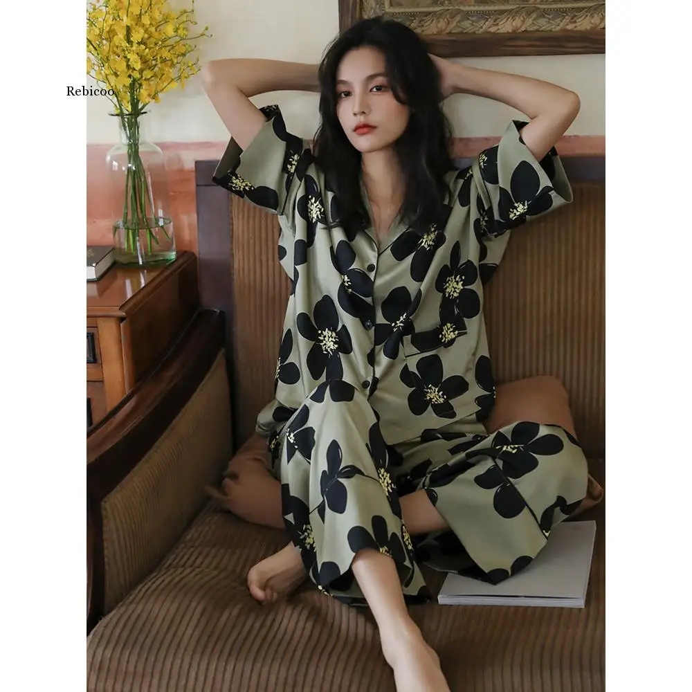 

New Floral Daisy Printed Pajamas Set Loungewear for Women 2 Pieces Long Sleeve Silk Satin Sleepwear