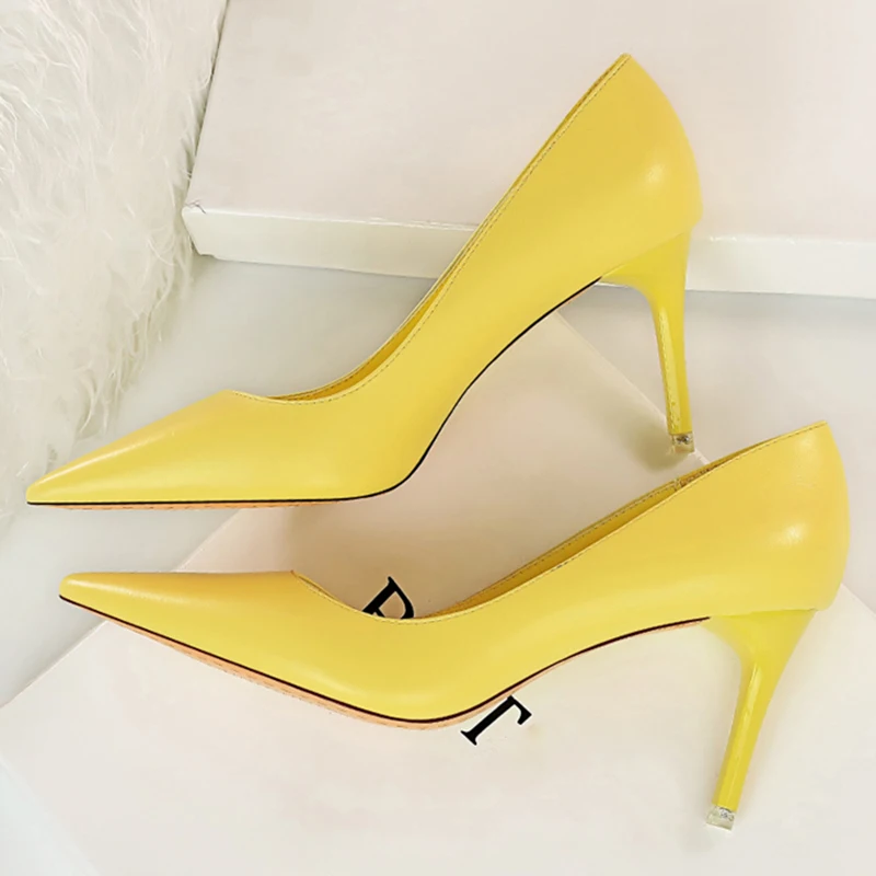 2023 Sweet Women 7.5cm High Heel Soft Leather Party Pumps Scarpins Female Yellow Pink Blue Heels Wedding Shoes Stiletto Big Size