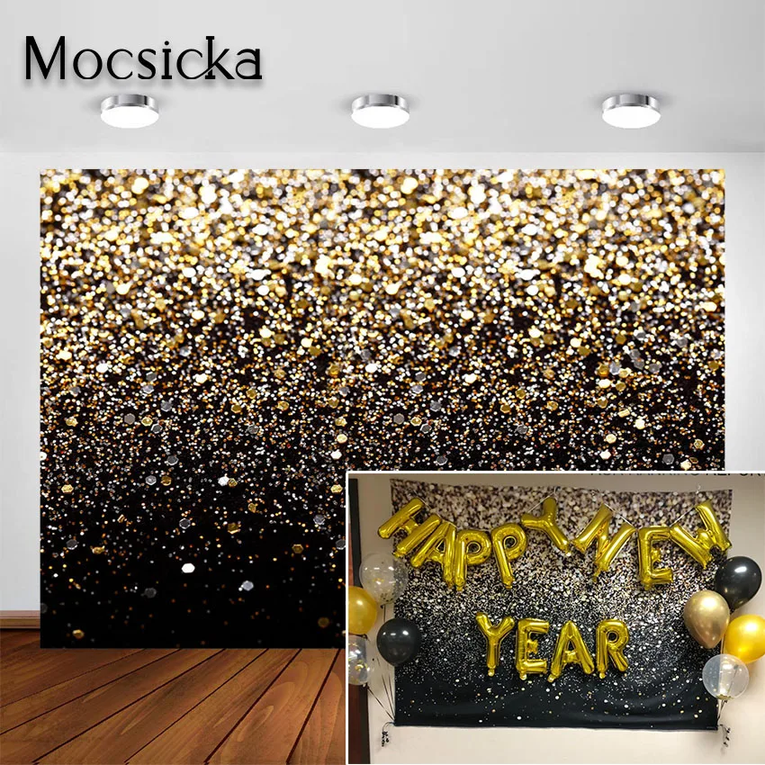 Mocsicka 7x5ft Black and Gold Glitter Backdrop Bokeh Spot Adult Kids Birthday Party Decor Portrait Photo Shoot Booth Background