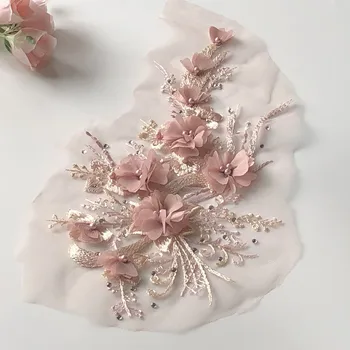 1 pieza de gasa tridimensional con cuentas de flores, tela bordada de malla, accesorios de decoración para vestido de novia, artesanía de encaje DIY