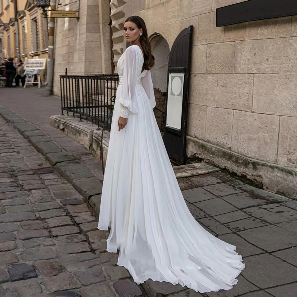 Robe de mariée classique, manches longues, plissée, en mousseline de soie, haute qualité, collection printemps 2022