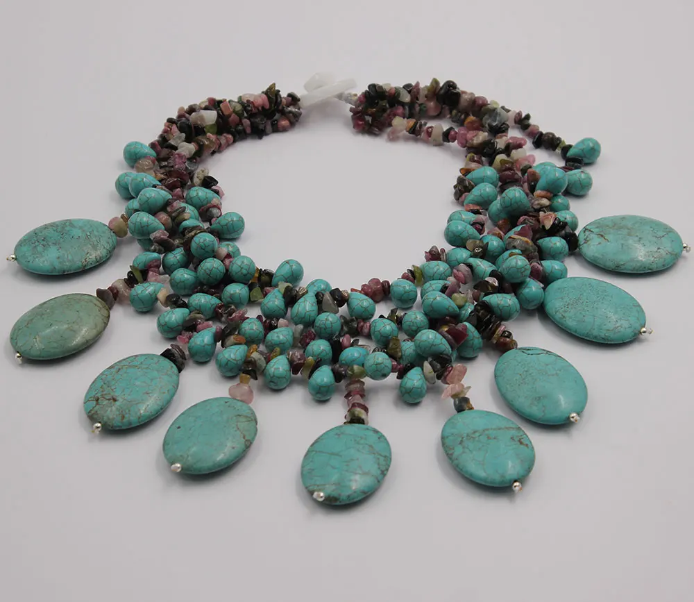 G-G Jewelry 4 Rows Multi color Tourmalines Green Turquoises Fringe Necklace Handmade For Women