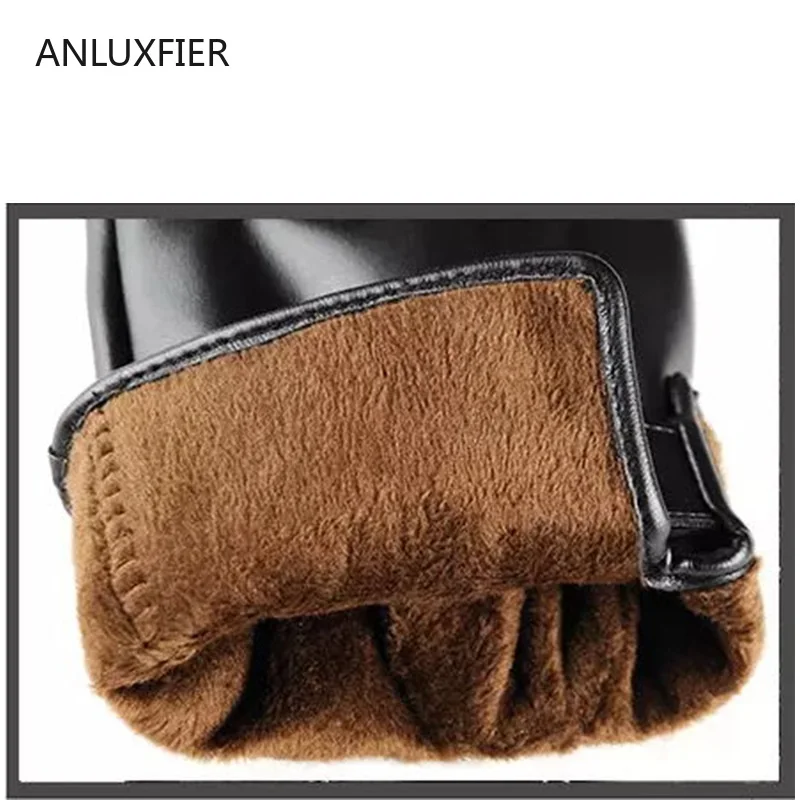 H9903 Women Leather Gloves Men Winter Touch Screen Windproof Warm Black Mittens Thermal Thick Driving Fashion Simple Hand Muff image 4