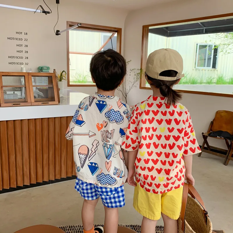 Summer 2022 Boys girls cartoon fashion printing shirts Korean style children cotton short sleeve casual holiday shirt kids Tops