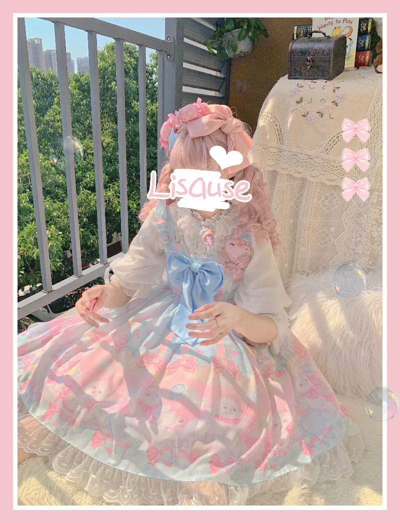 Japanese sweet lolita  strap dress vintage bowknot lace printing high waist princess victorian dress kawaii girl gothic lolita