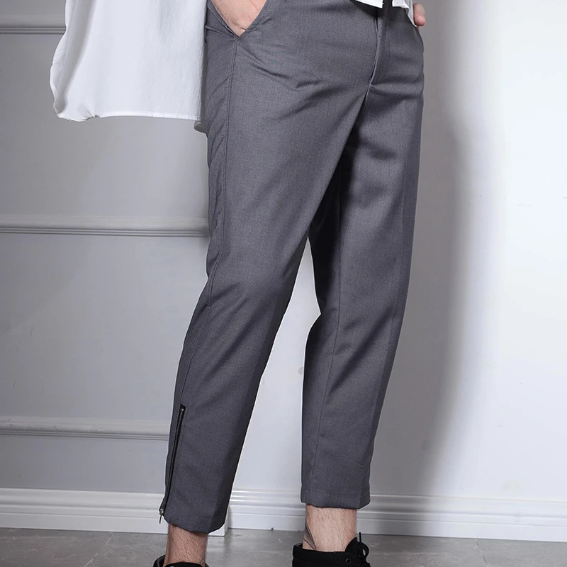 

Japanese and South Korean version of trendy men's nine-point trousers zipper slim casual pants South Korea grey casual fall retr