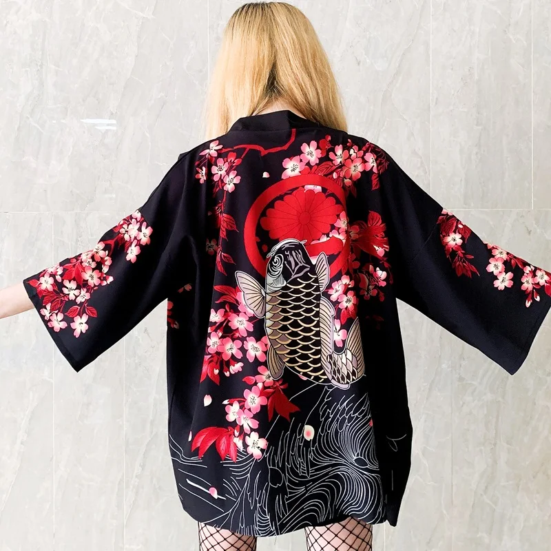 

Women Black Print Kimono Gown Japanese Yukata Loose Kimono Cardigan Casual Outerwear Female Cosplay Streetwear Open Stitch