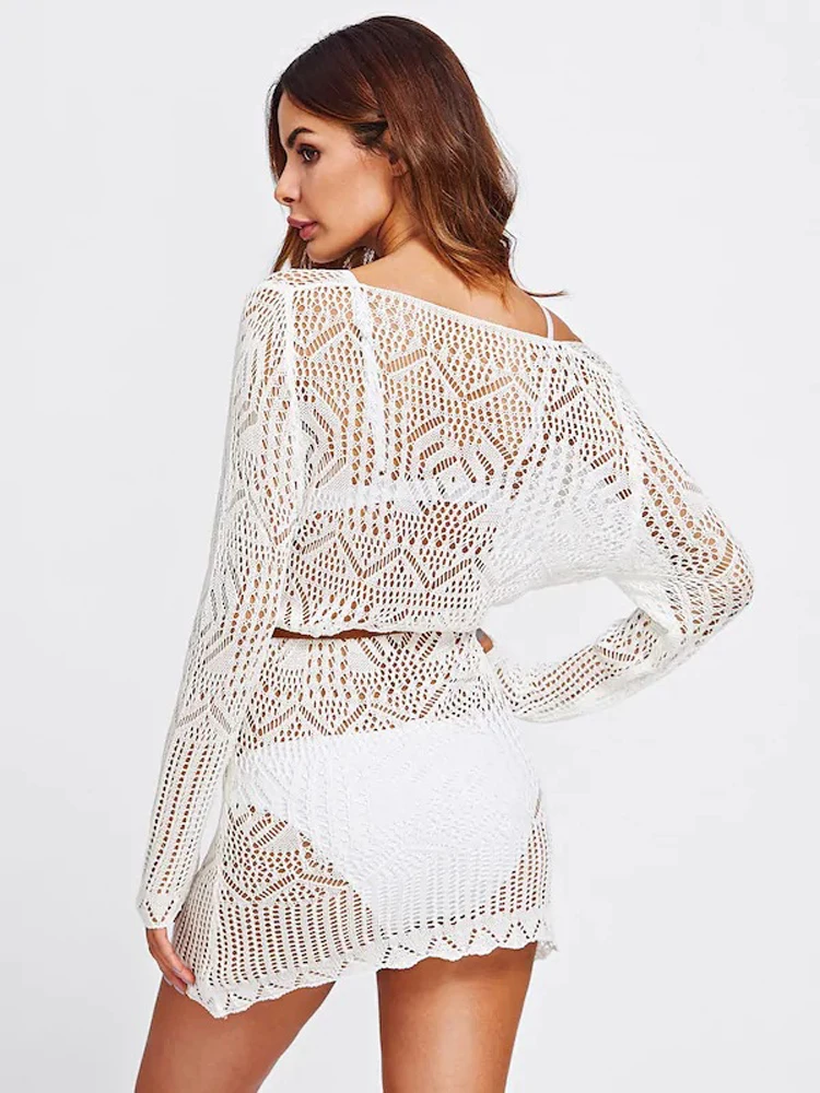 Summer Sexy Lace Crochet Beach Dress Women White See Through Swimwear Swimsuit Cover Up Mini Dresses