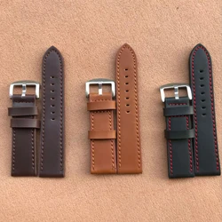 8/10/12/14/16/18/20/22/24mm Oil Wax Cowhide Leather Watch Strap Replacement Unisex Stainless Steel Buckle Bands Accessories