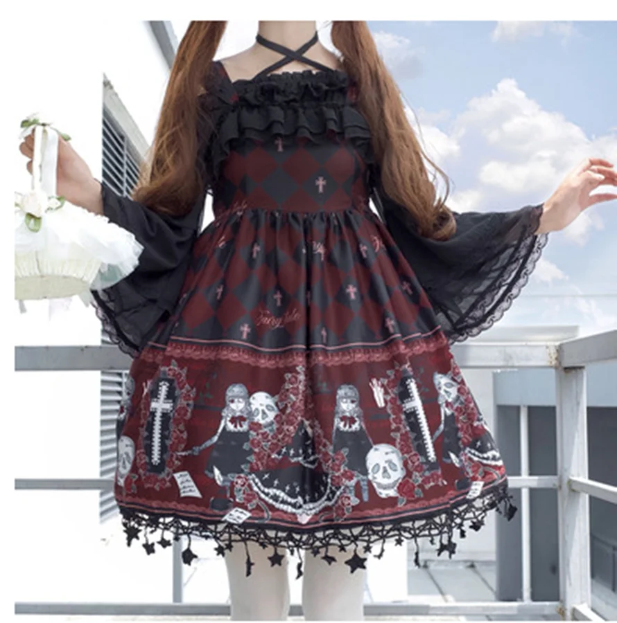 Robe princesse lolita en dentelle vintage pour filles, robe kawaii gothique, mignon cardigan imprimé, style victorien, lolita jsk cos loli