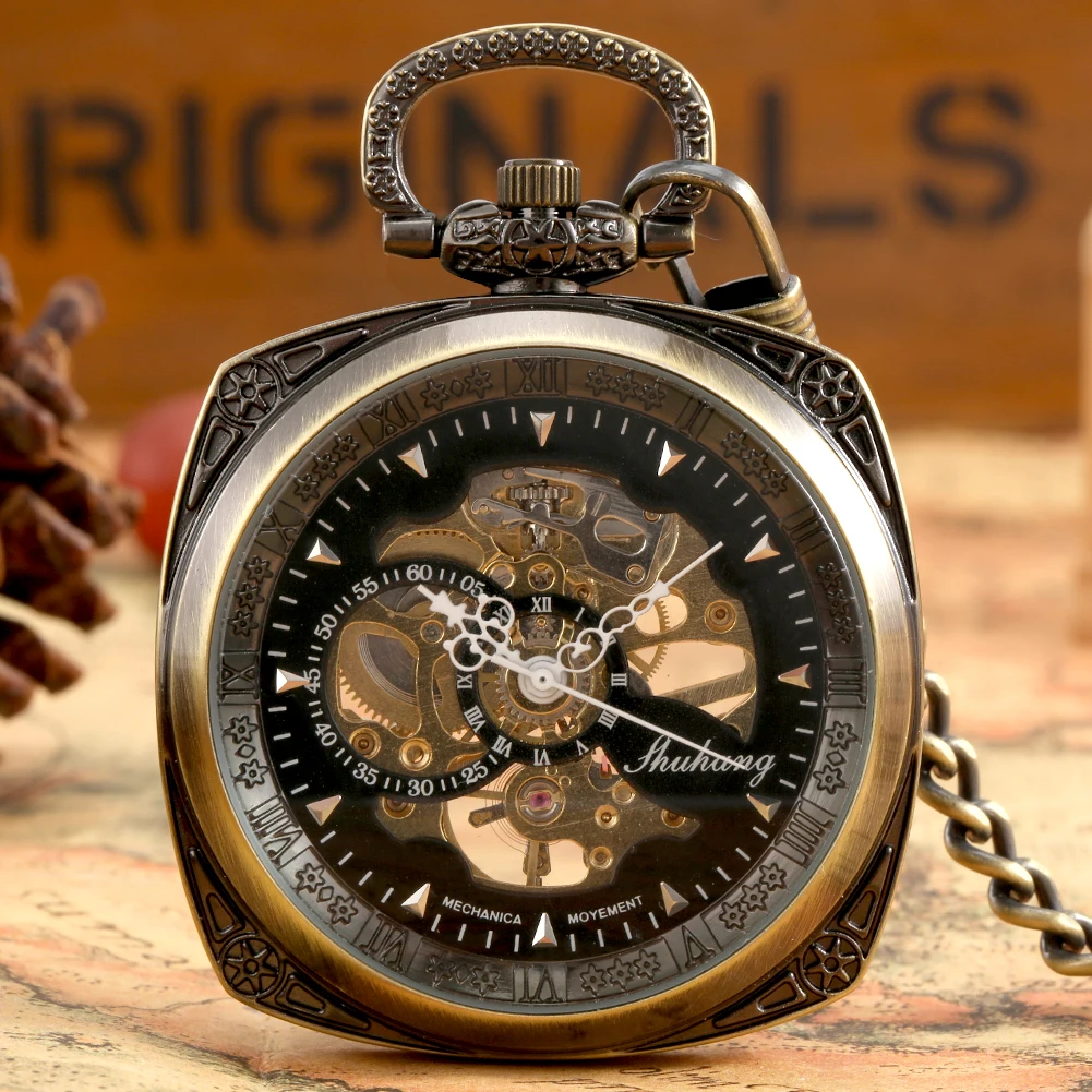 Retro Bronze Square Mechanical Pocket Watch Capless Black Scale Dial Manual Winding Pocket Watches Pendant Clock Gift Men Women