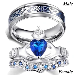 Couple Rings Men Stainless Steel Ring Women Filled Blue Crystal Heart Shaped Rings Wedding Engagement Valentine Day Gift Jewelr