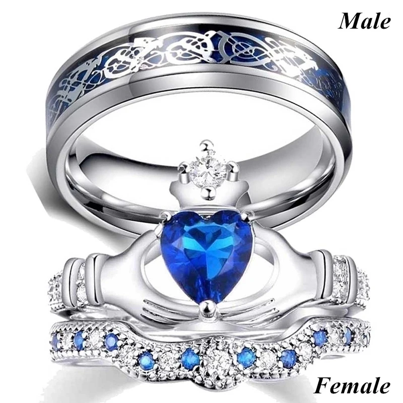 Couple Rings Men Stainless Steel Ring Women  Filled Blue Crystal Heart Shaped Rings Wedding Engagement Valentine Day Gift Jewelr