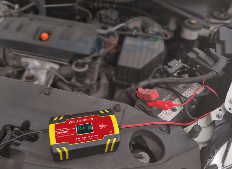 Foxsur 12v-24v 8a carro motocicleta carregador de reparação de pulso automático completo bateria-carregadores display lcd digital