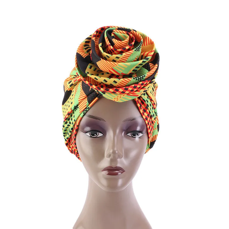 Women African Pattern Knot Headwrap Pre-Tied Knotted Turban Bonnet Satin Linned Beanie Headscarf Cap Headwear Hair Accessories