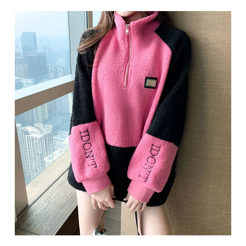 Women's Hoodie Autumn Winter Fashion Lambs Wool Sweatshirt Plus Size Plus Fleece Jacket Casual Outdoor Stand Collar Sweatshirt