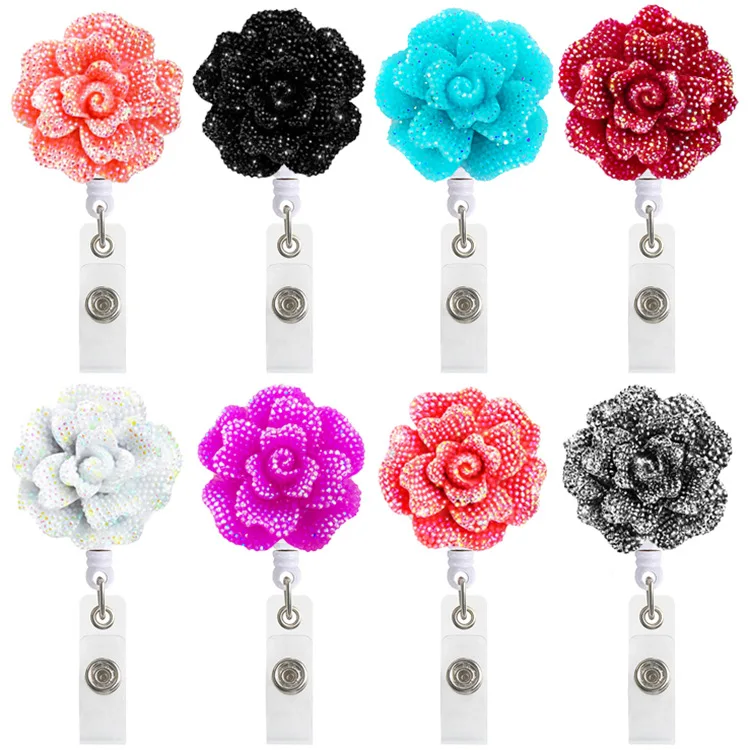 2021 New Design 1 Piece 360° Spin Resin Retractable Nurse ID Card Badge Reel Holder Elegant Floral ID Holder Lanyard Keychains