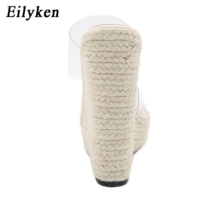 Eilyken Summer PVC Transparent Peep Toe Cane Straw Weave Platform Women Wedges Slippers Sandals Fashion High Heels Female Shoes