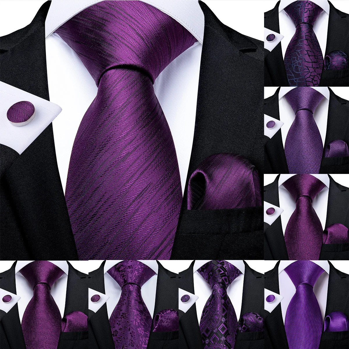 DiBanGu Gift Men Tie Purple Solid Silk Wedding Tie For Men New Design Hanky Cufflink Quality Men Tie Set Dropshipping