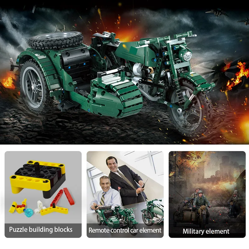 Cada 629PCS RC Motorcycles Building Blocks City Military German WW2 War Remote Control Car Bricks Toys for Kids