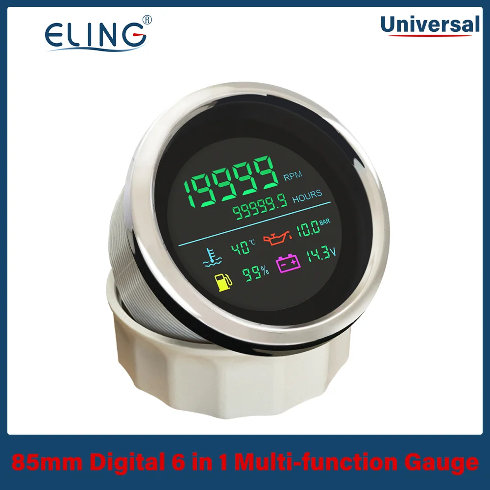 ELING 85mm 6 in 1 Tachometer 0-19999RPM Hours Voltmeter Fuel Level Water Temp Oil Pressure 12V/24V