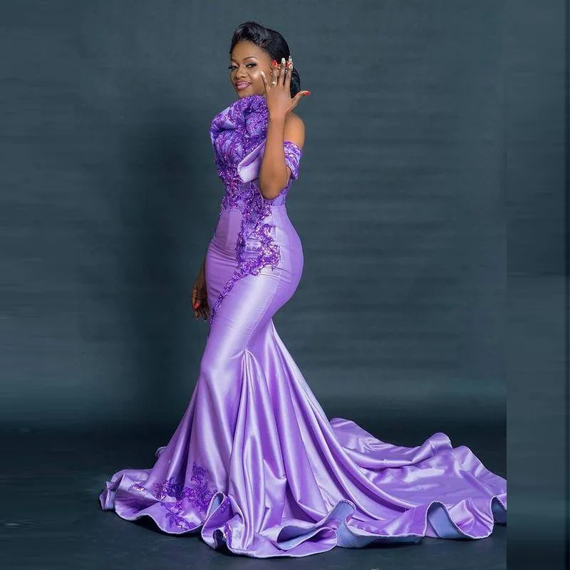 Lavender Aso Ebi Style Prom Dresses  Off The Shoulder Sequined Lace Appliques Plus SIze Dubai AfricanEvening Dress 2022 Satin