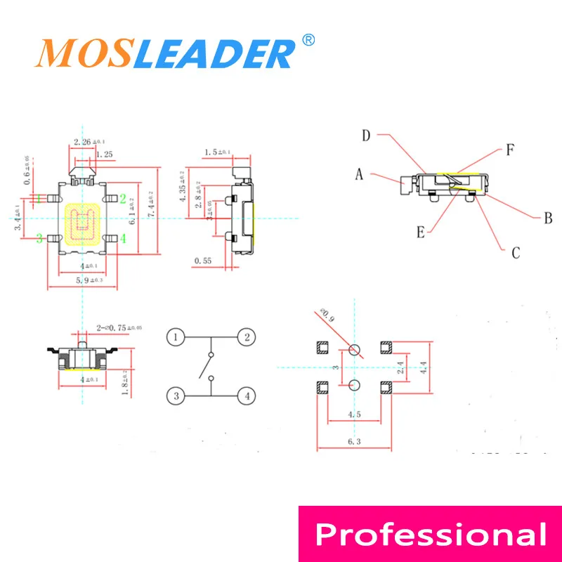 Mosleader 1000pcs Big Turtle Tact switch Touch Button 4P 4*7 4*6 4x7 4x6 Side switch button with location Bulk Tape