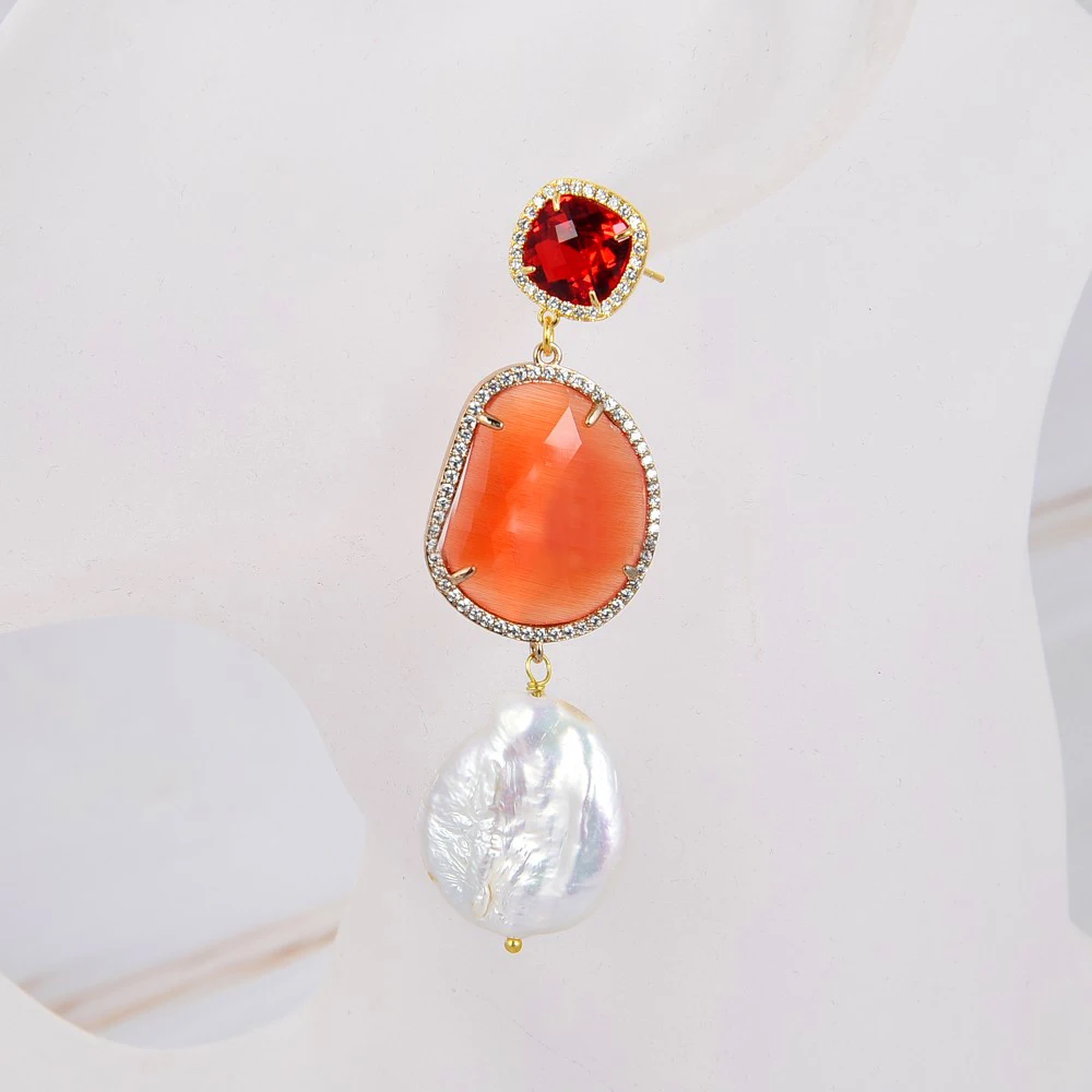 Natural White Coin Pearl Cultured White Keshi Pearl Orange Crystal Cz Pace Hook Dangle Earrings