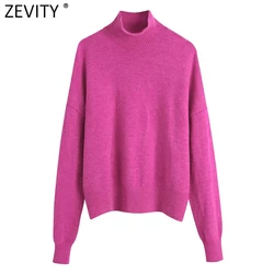 Zevity Women Fashion Mock Neck Solid Candy Color Casual Knitting Sweater Female Chic Basic Long Sleeve Pullover Brand Tops SW937