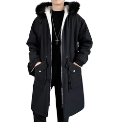 Fur Hooded Winter Trench Mens Casual Long Solid Long Coat Male Hooded Windbreaker Outwear