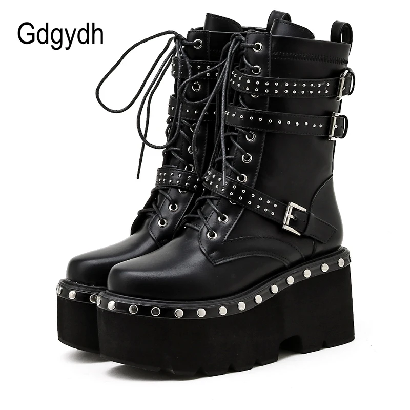 

Gdgydh Spring Lace-Up Motorcycle Boots for Women Round Toe Thick Platform High Heels Female Ankle Boots Gothic Style Shoes