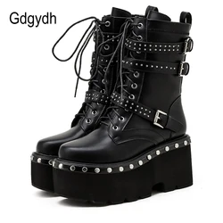 Gdgydh Spring Lace-Up Motorcycle Boots for Women Round Toe Thick Platform High Heels Female Ankle Boots Gothic Style Shoes