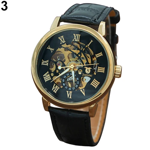 3 Color Men\'s Fashion Roman Numerals Mechanical Skeleton Hollow Dial Wrist Watch Gift New erkek saati мужские часы Mas culin