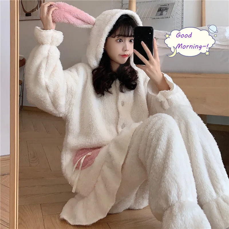 Winter Cute Flannel Pajama Set Women Kawaii Plush Sleepwear Bunny Ear Long Sleeve Fleece Warm Two Piece Sleep Home Lounge Wear