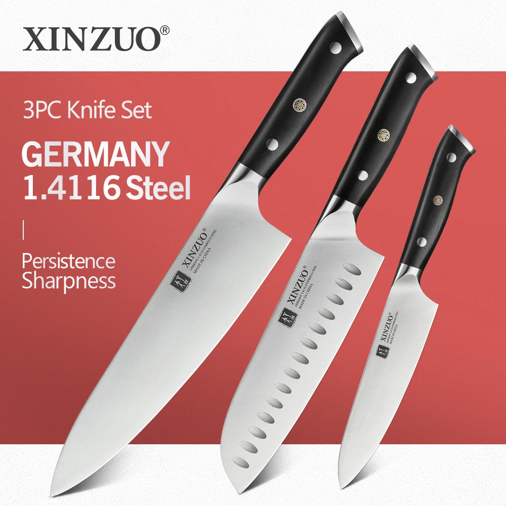 

XINZUO 3PCS Kitchen Knife Set Germany 1.4116 Stainless Steel Professional 8 in Chef 7 in Satoku 5 in Utility Knives Cooking Tool